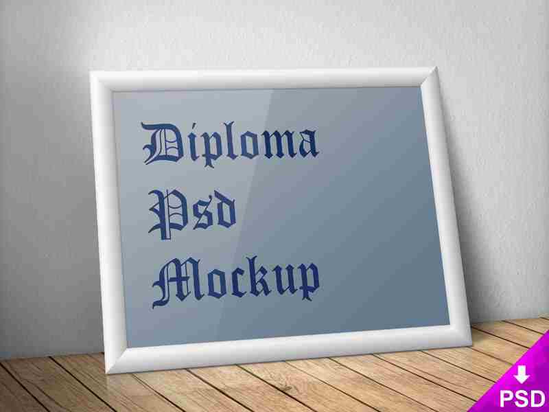 White Diploma Frame on a Wooden Table Mockup