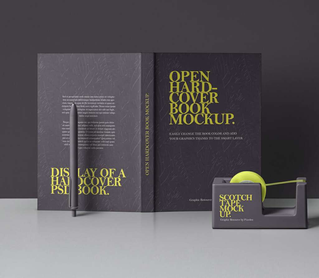Open Hardcover Book With Scotch Tape Mockup