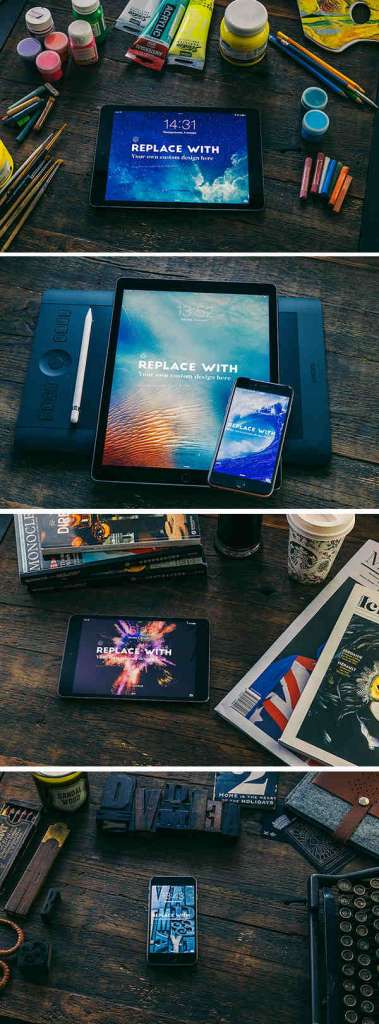 4 Apple Devices in a Stylish Background Mockups